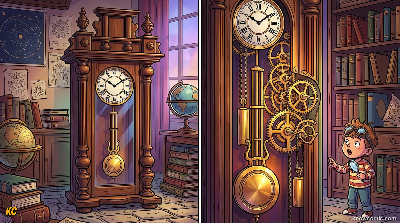 Comic panel about pendulums: the clock's secret: Keeping Time, educational kids illustration