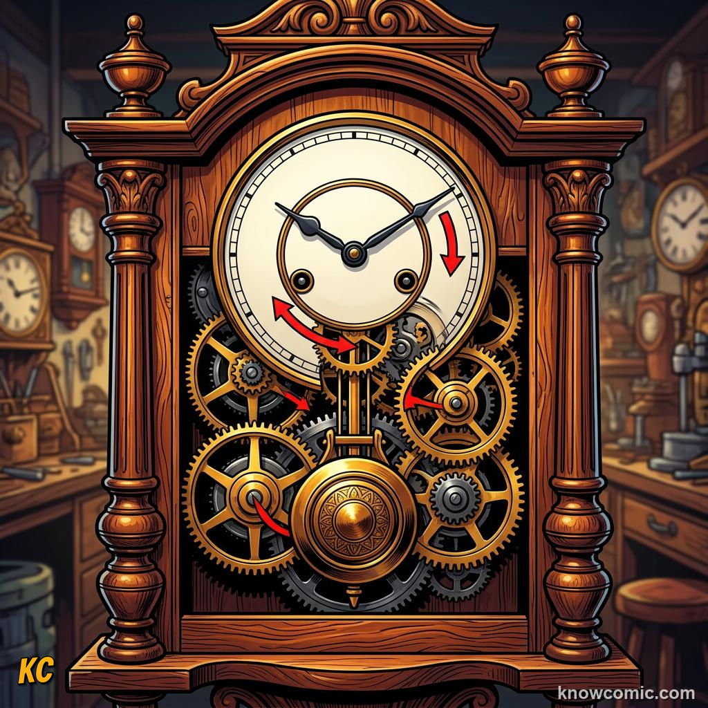 Comic panel about pendulums: the clock's secret: Gears, educational kids illustration