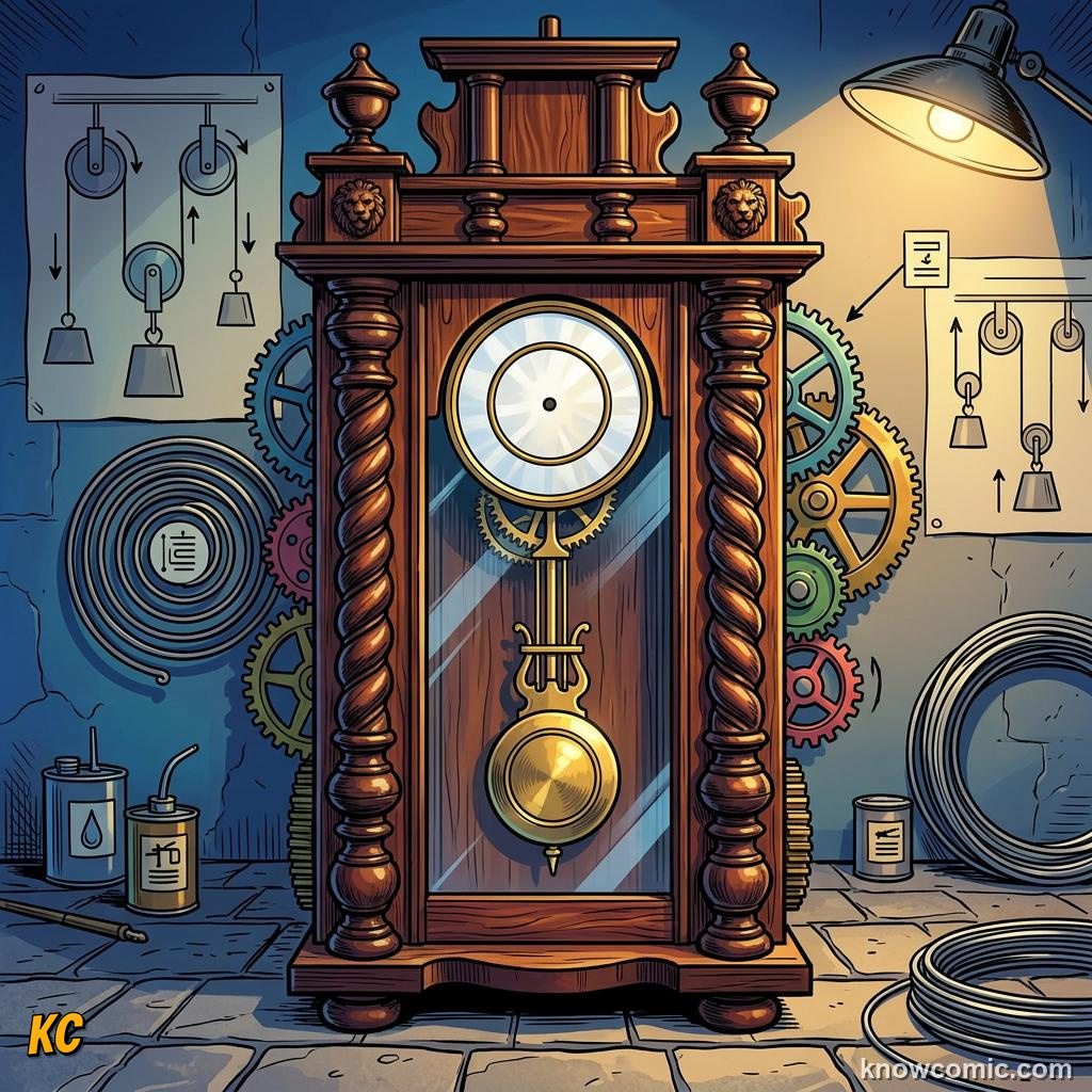 Comic panel about pendulums: the clock's secret: Long, educational kids illustration