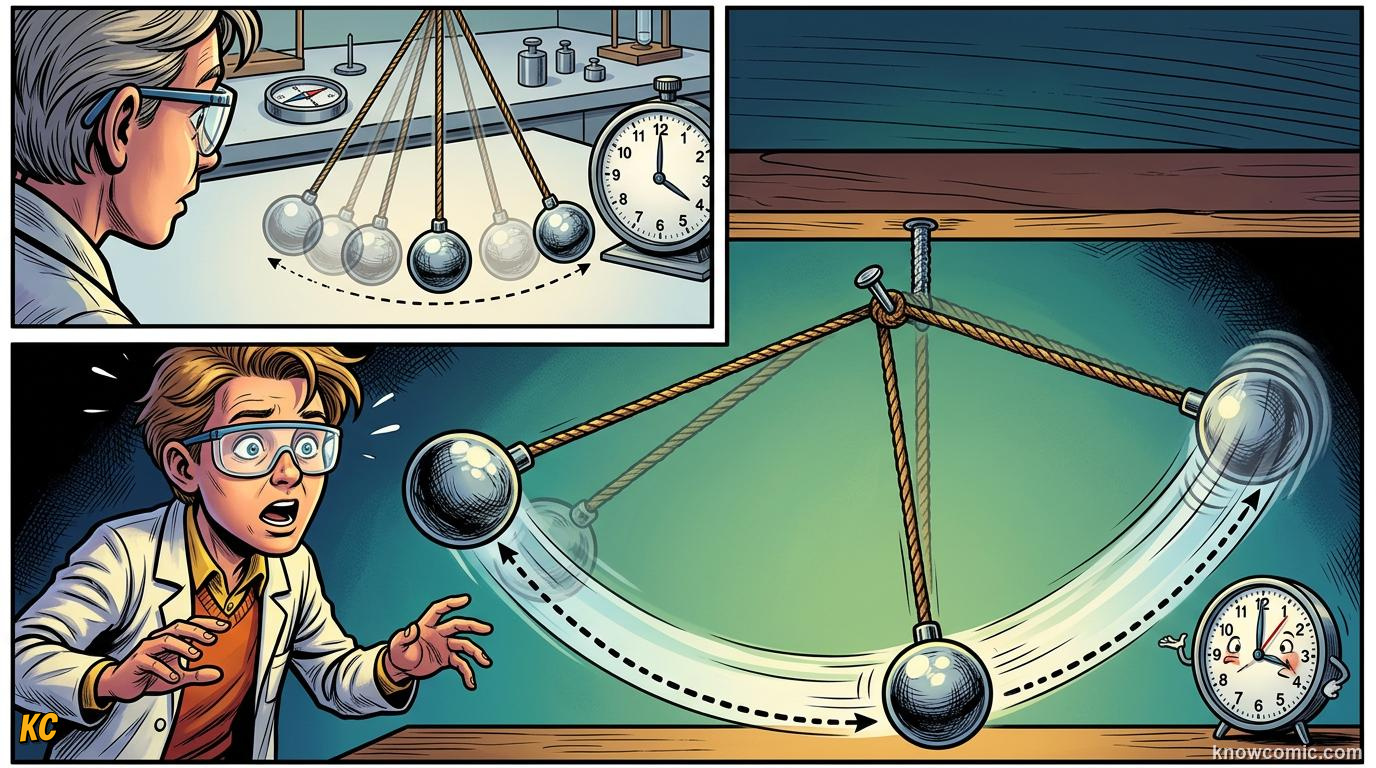 Comic panel about pendulums: the clock's secret: From Idea To Tick, Not Perfect Forever, educational kids illustration