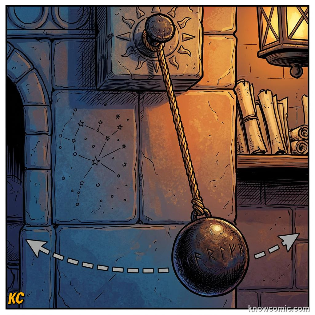Comic panel about pendulums: the clock's secret: Small Angles Help, educational kids illustration