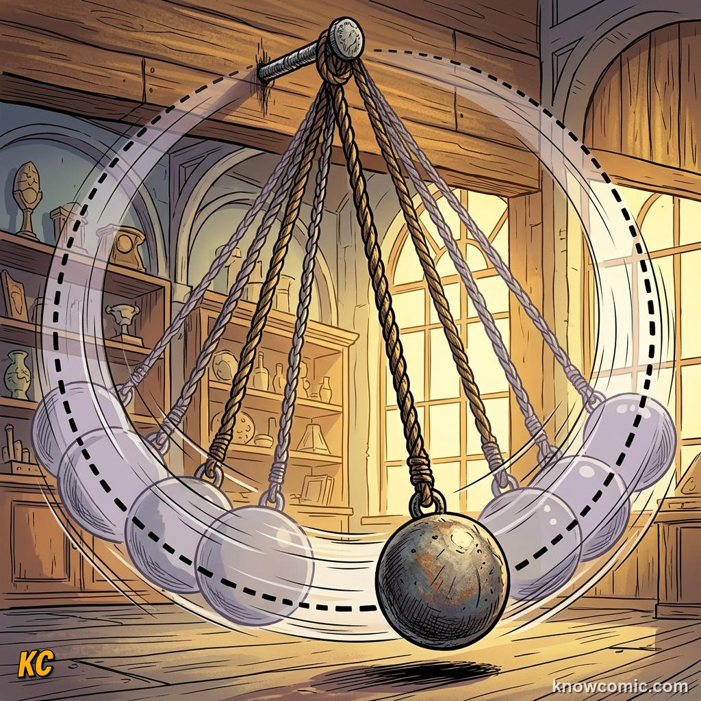 Comic panel about pendulums: the clock's secret: Small Angles Help, Drag, educational kids illustration