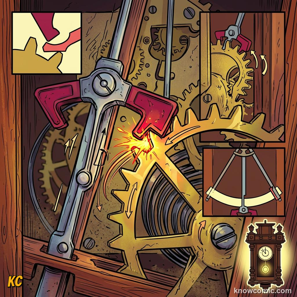 Comic panel about pendulums: the clock's secret: Science, educational kids illustration
