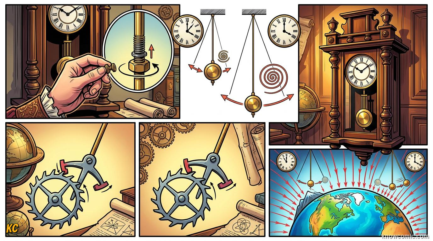Comic panel about pendulums: the clock's secret: Wrap Up, educational kids illustration