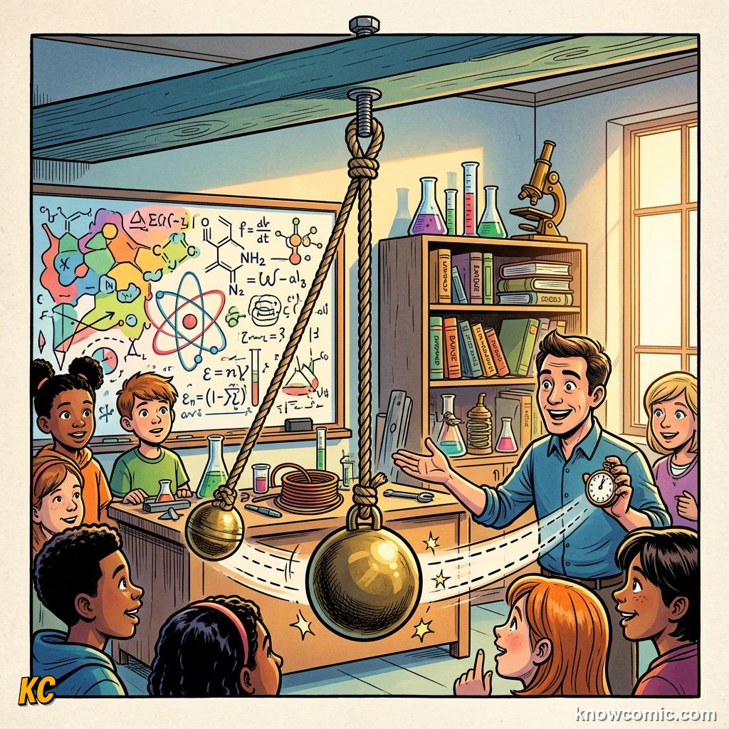 Comic panel about pendulums: the clock's secret: Length Sets The Beat, Try, educational kids illustration