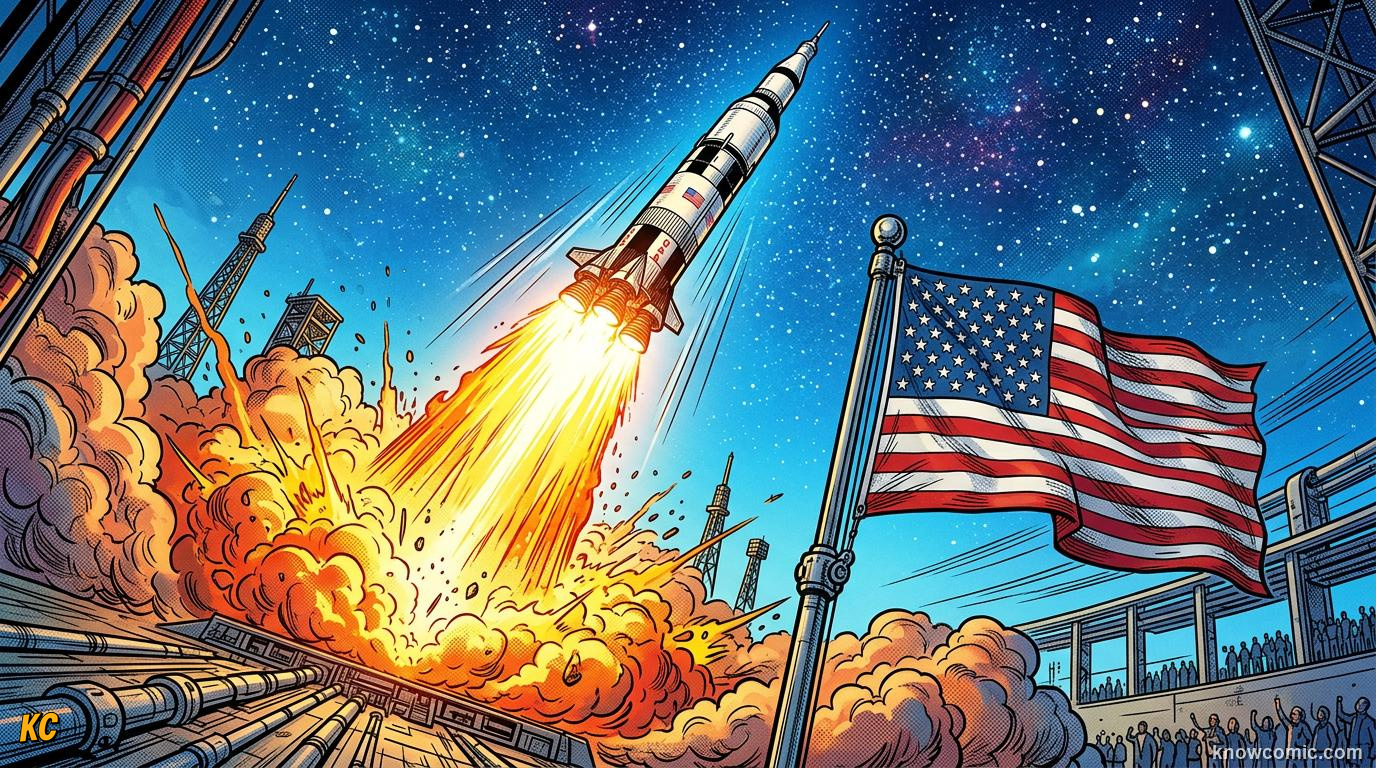 Comic panel about rockets: action & reaction in space: Newton'S Third Law, educational kids illustration