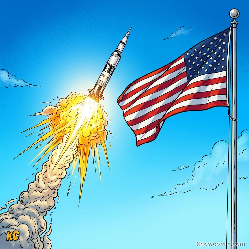 Comic panel about rockets: action & reaction in space: Equal And Opposite, Push, educational kids illustration