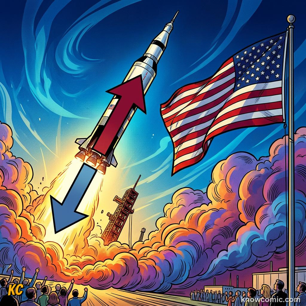 Comic panel about rockets: action & reaction in space: Equal And Opposite, Pair, educational kids illustration