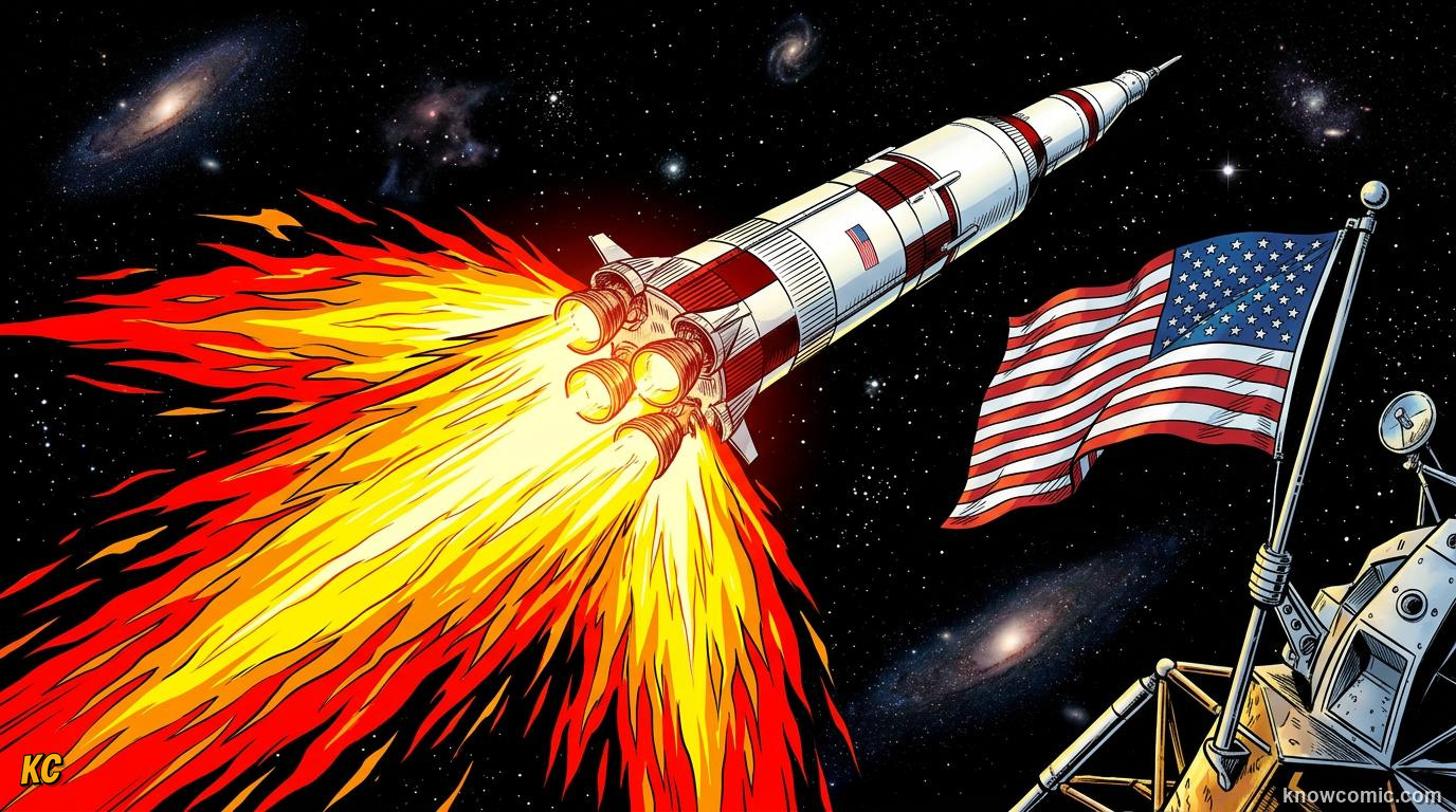 Comic panel about rockets: action & reaction in space: No Ground Needed, educational kids illustration