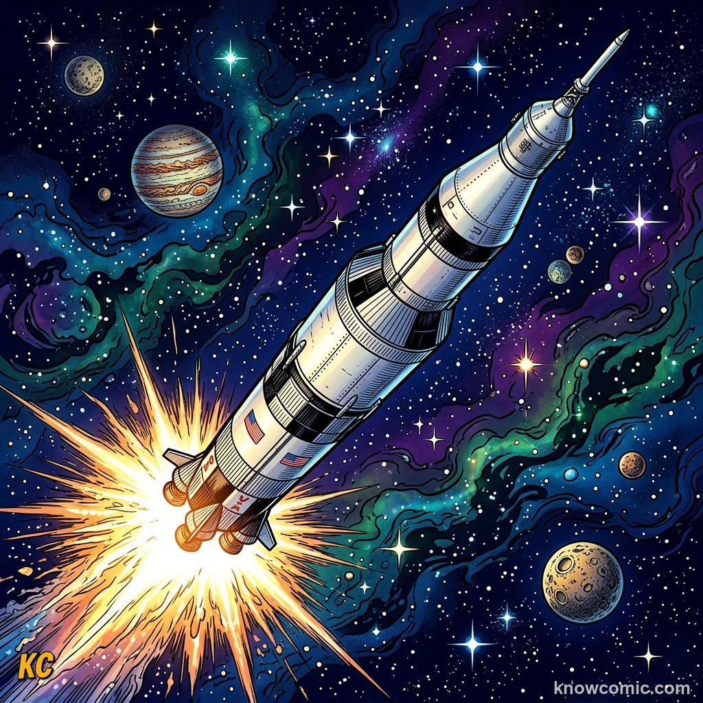 Comic panel about rockets: action & reaction in space: Push The Exhaust, Drag, educational kids illustration