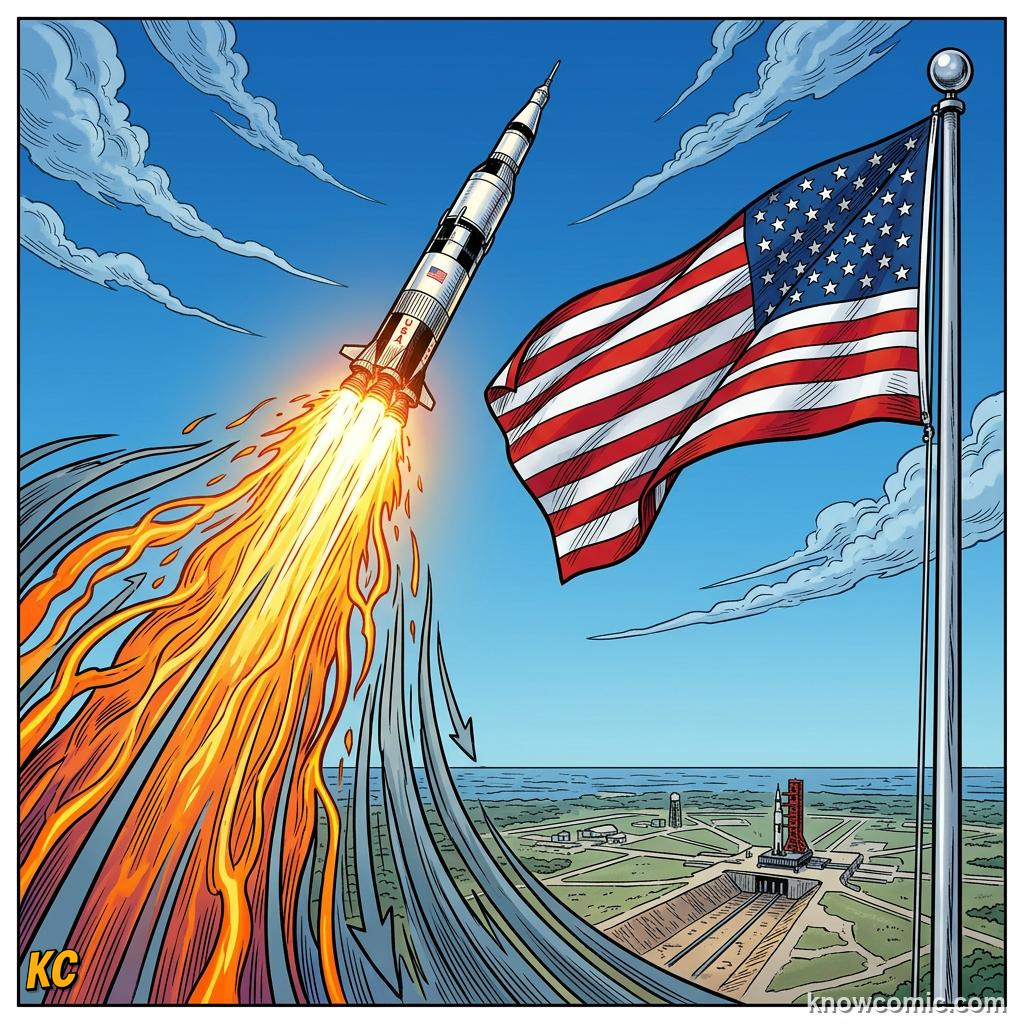 Comic panel about rockets: action & reaction in space: Launch, educational kids illustration