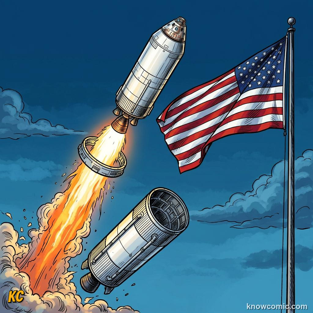 Comic panel about rockets: action & reaction in space: Stage, educational kids illustration