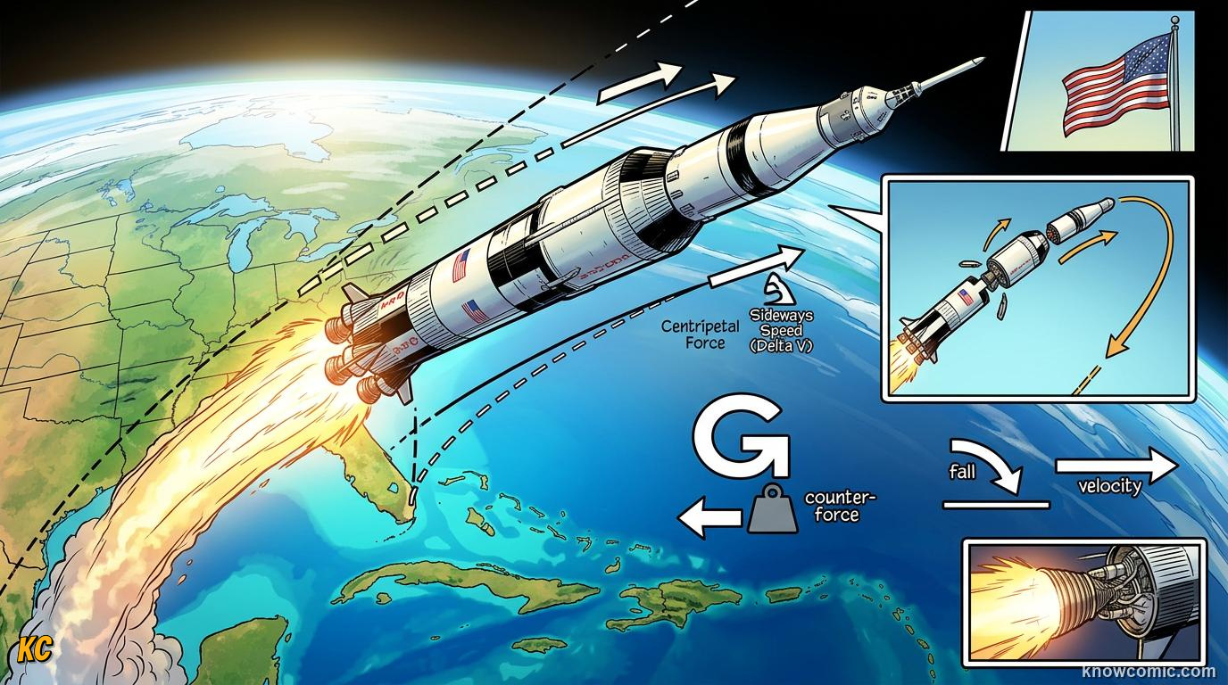 Comic panel about rockets: action & reaction in space: Lightening As You Go, Falling Around Earth, educational kids illustration