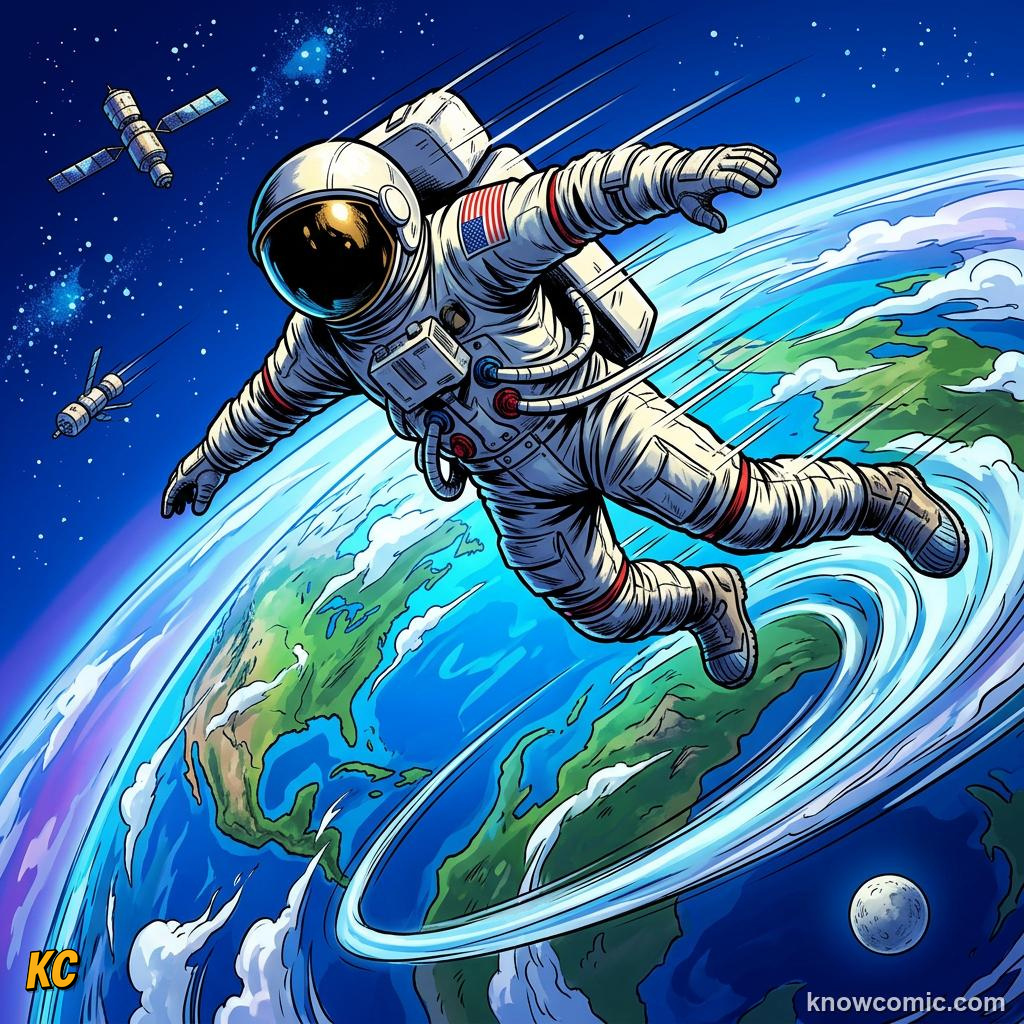 Comic panel about rockets: action & reaction in space: Fast Sideways, Speed, educational kids illustration
