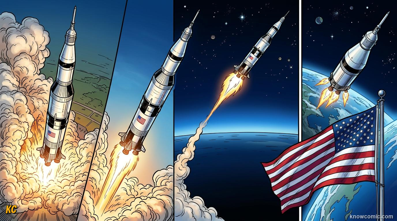 Comic panel about rockets: action & reaction in space: Wrap Up, educational kids illustration
