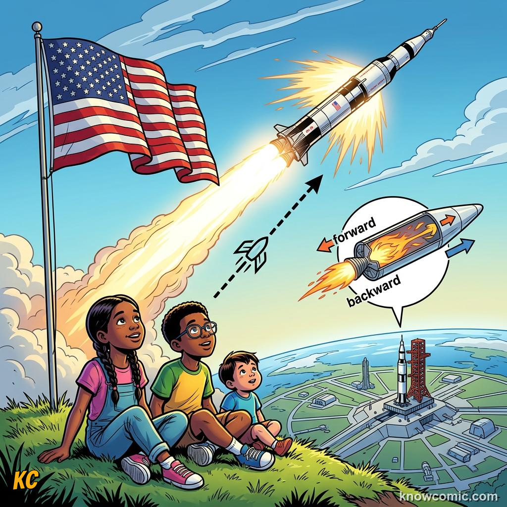 Comic panel about rockets: action & reaction in space: Push Exhaust, Go Forward, Remember, educational kids illustration