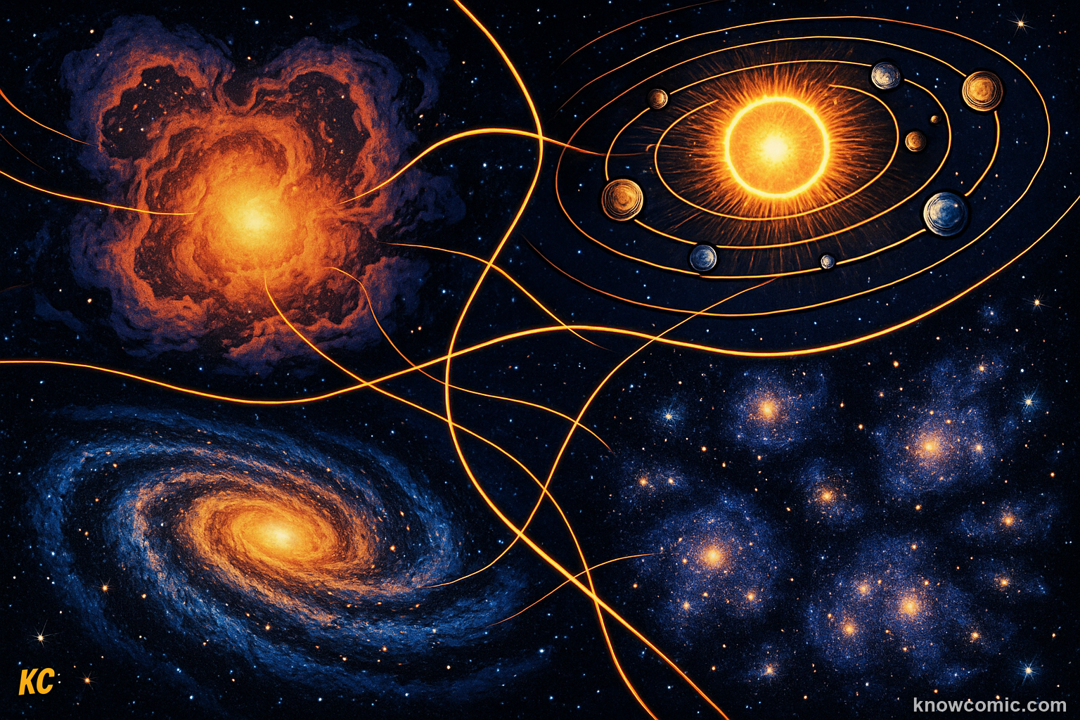 Gravity building the universe — gas clouds clumping into stars, stars clustering into galaxies, the same force that drops an apple also sculpts rivers of light across the cosmos