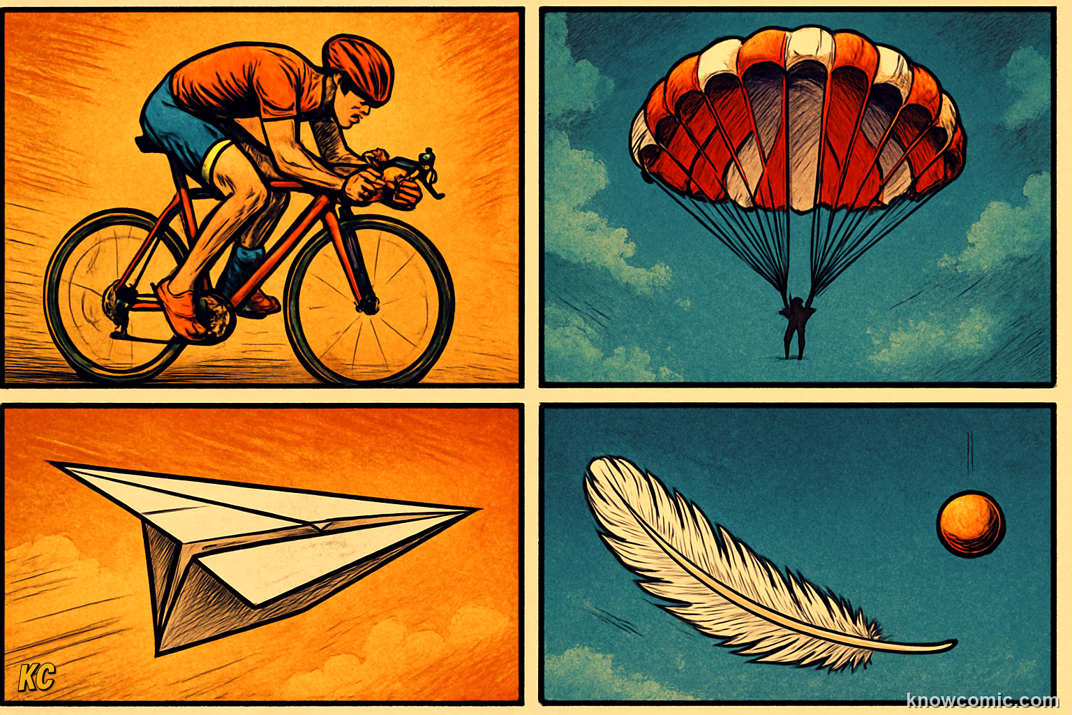 Comic summary illustration reviewing air resistance concepts: drag on moving objects, parachutes using large area to slow falls, streamlined shapes, and terminal velocity where drag balances gravity