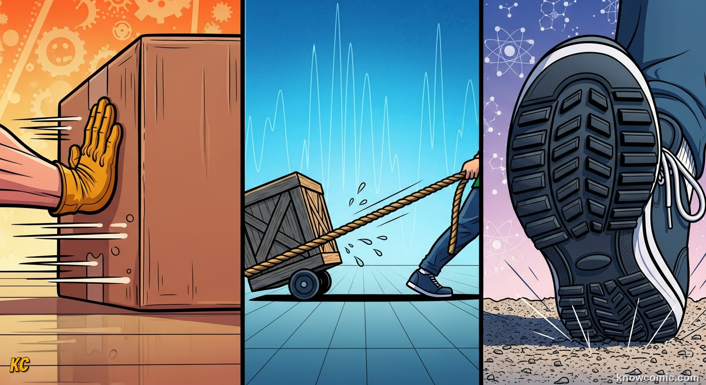 Comic illustration showing a variety of contact forces: a hand pushing a box (applied force), shoes on a floor (friction), a rope under tension, and a surface providing a normal support force
