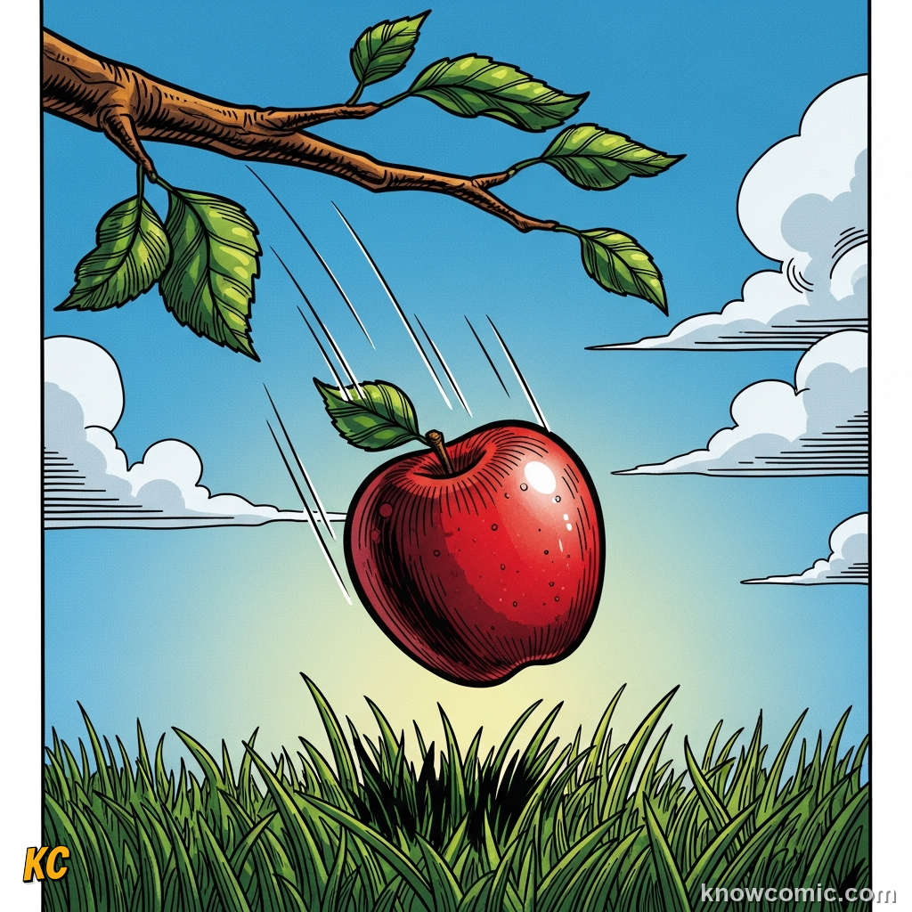 Comic illustration of an apple falling from a tree toward Earth, showing gravity as a non-contact force that pulls objects downward without needing to physically touch them