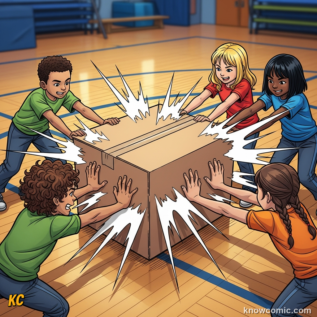 Comic illustration of a single box being pushed by multiple forces from different sides, showing how the net force — the total of all pushes and pulls added together — decides how the box moves