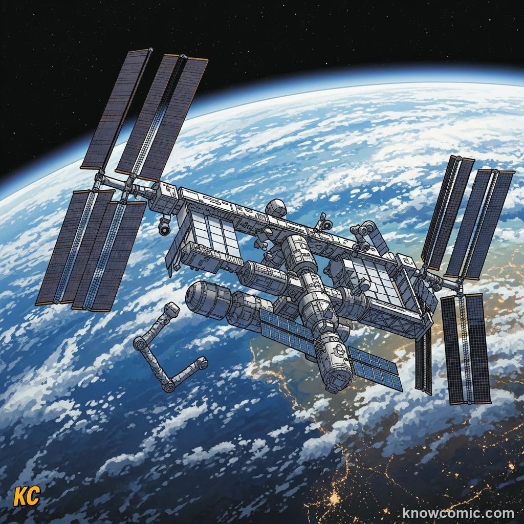 Comic illustration of a space station orbiting Earth, used as a teaser for upcoming topics on balanced and unbalanced forces, showing that the same push-and-pull language applies even in space