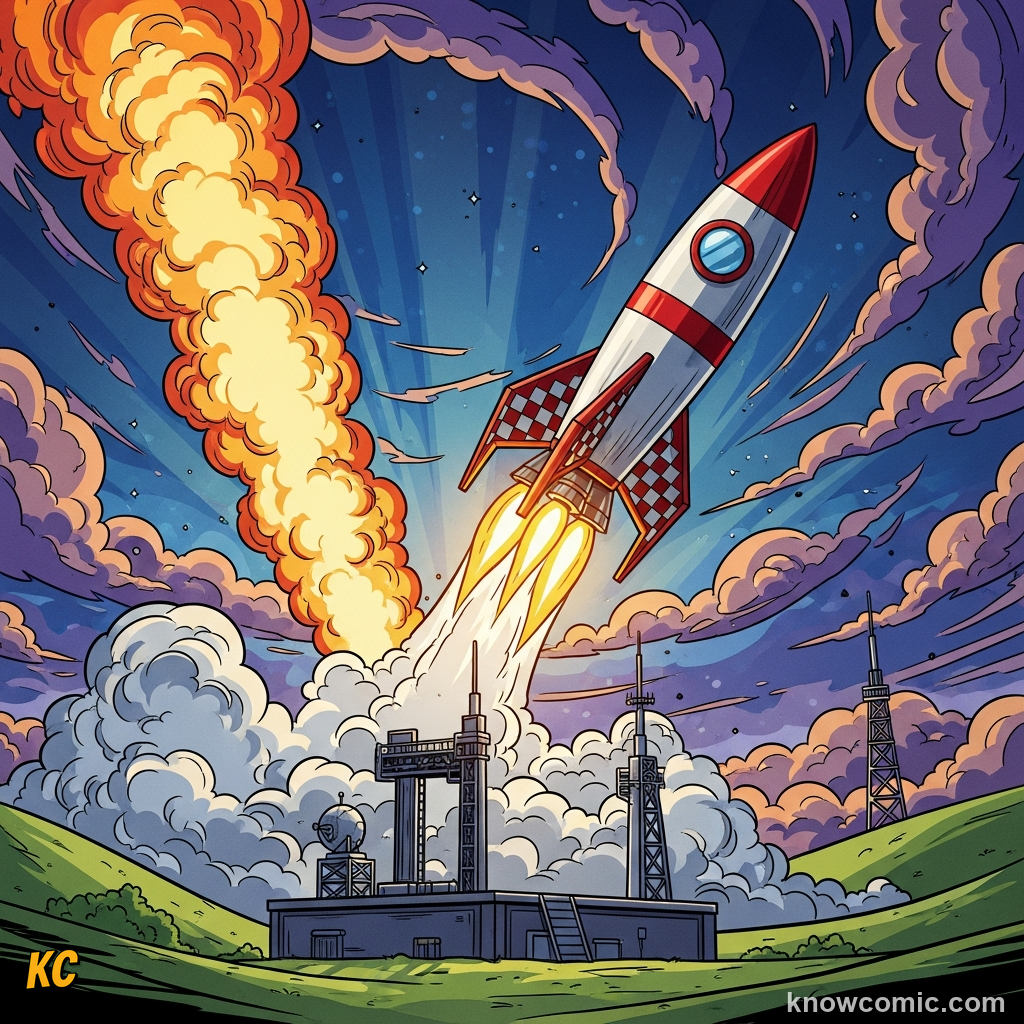 Comic illustration of a rocket launching with a massive push force from burning gas, showing how forces can speed up, slow down, or change the direction of moving objects