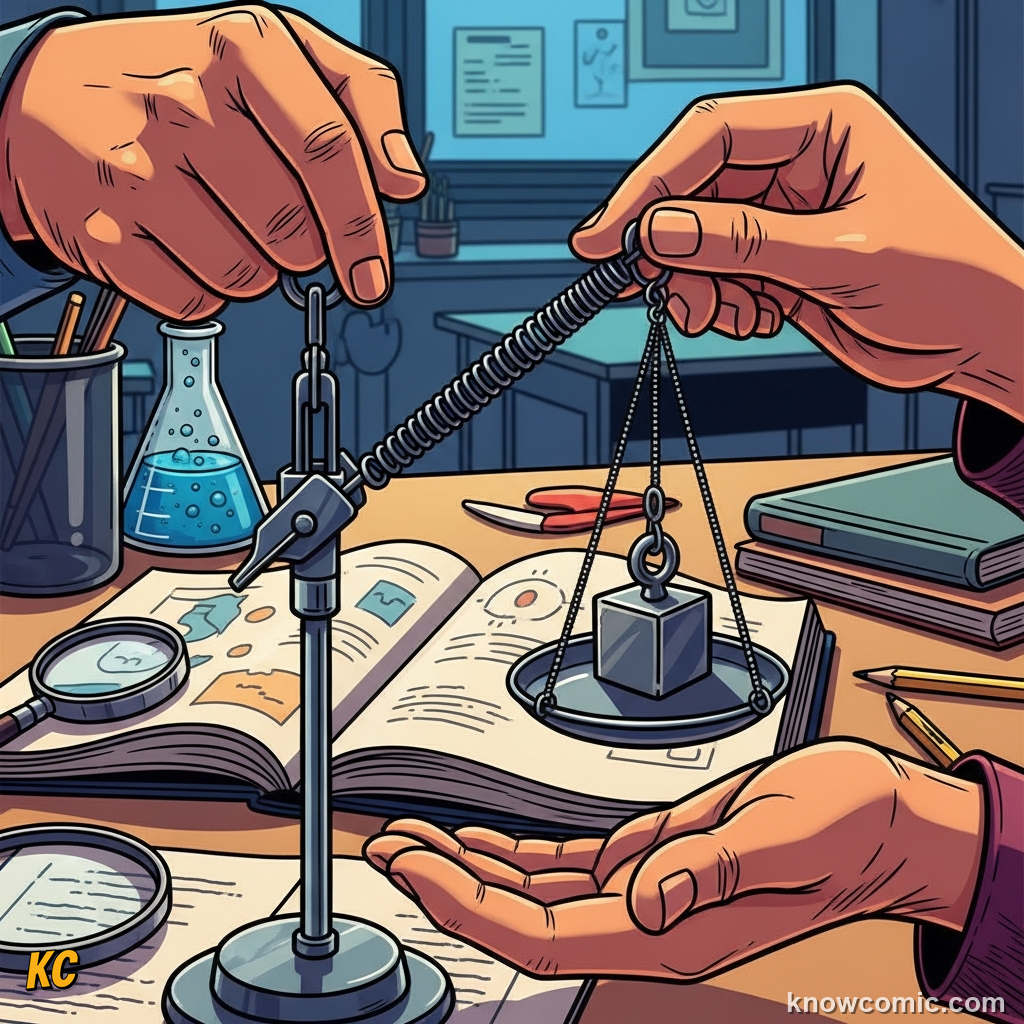 Comic illustration of a spring scale and a tug-of-war rope, showing that forces have both a size and a direction — both must be considered to understand the outcome