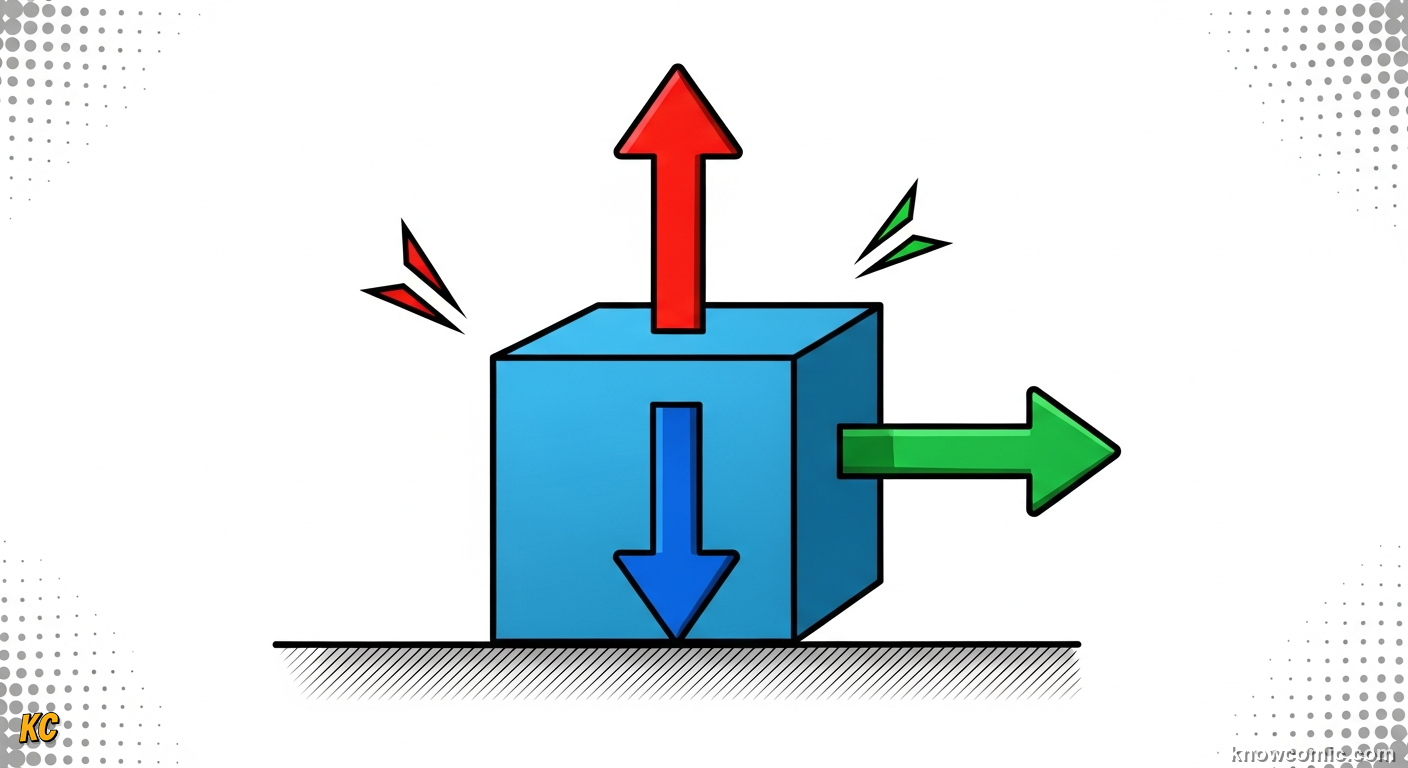 Comic illustration of a free-body diagram showing an object with labelled force arrows pointing in different directions, demonstrating how physicists represent forces as vectors with direction and size