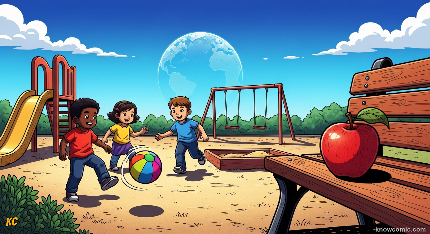 Comic illustration of everyday gravity as a non-contact force — showing a person standing on the floor with gravity pulling them down and the floor's normal force pushing them up, both drawn as arrows