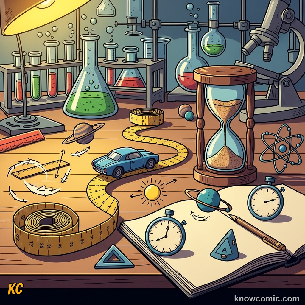 Comic illustration of the speed formula v equals d divided by t written on a chalkboard, with reminders to match units — metres with seconds gives m/s, kilometres with hours gives km/h
