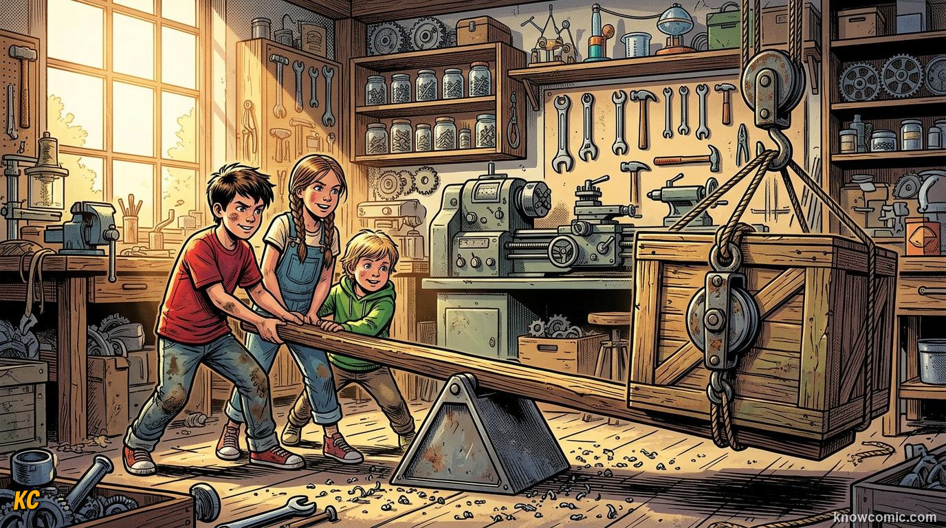 Comic panel about simple machines: levers & ramps: Force Multipliers, educational kids illustration
