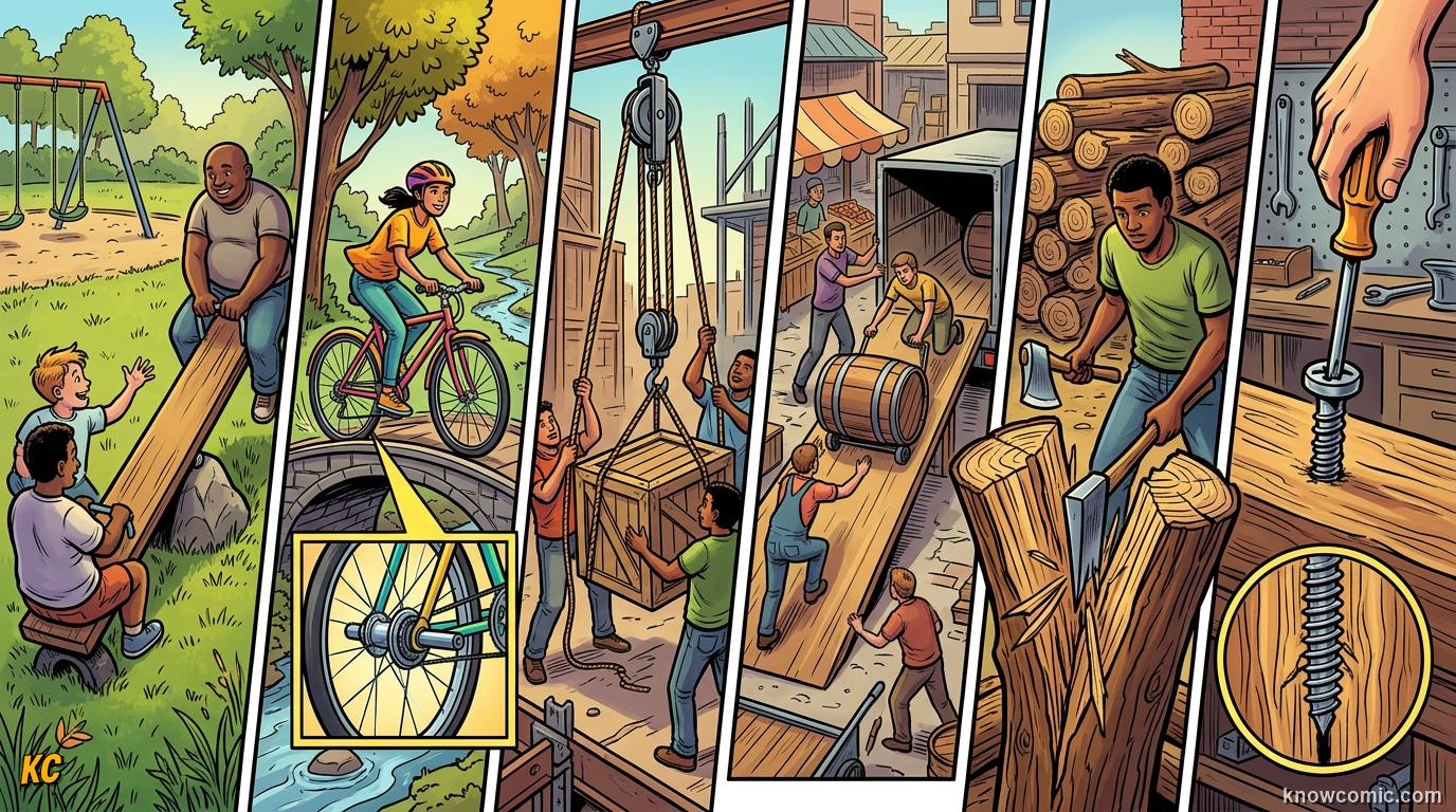 Comic panel about simple machines: levers & ramps: Meet The Team, educational kids illustration