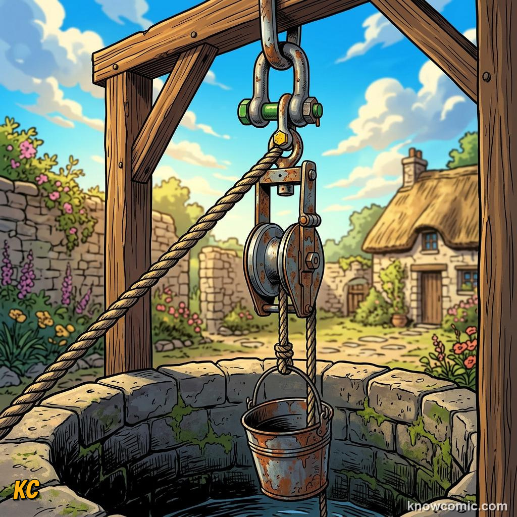 Comic panel about simple machines: levers & ramps: Six Tools, Endless Jobs, Pulley, educational kids illustration