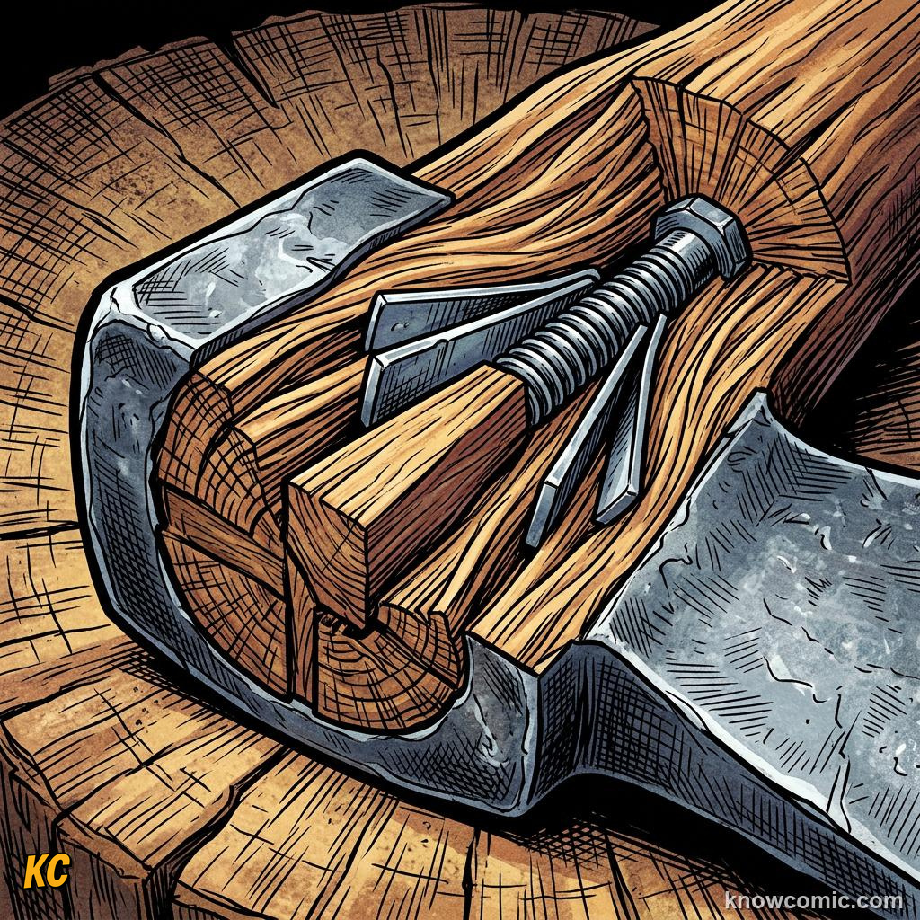Comic panel about simple machines: levers & ramps: Wedge, educational kids illustration