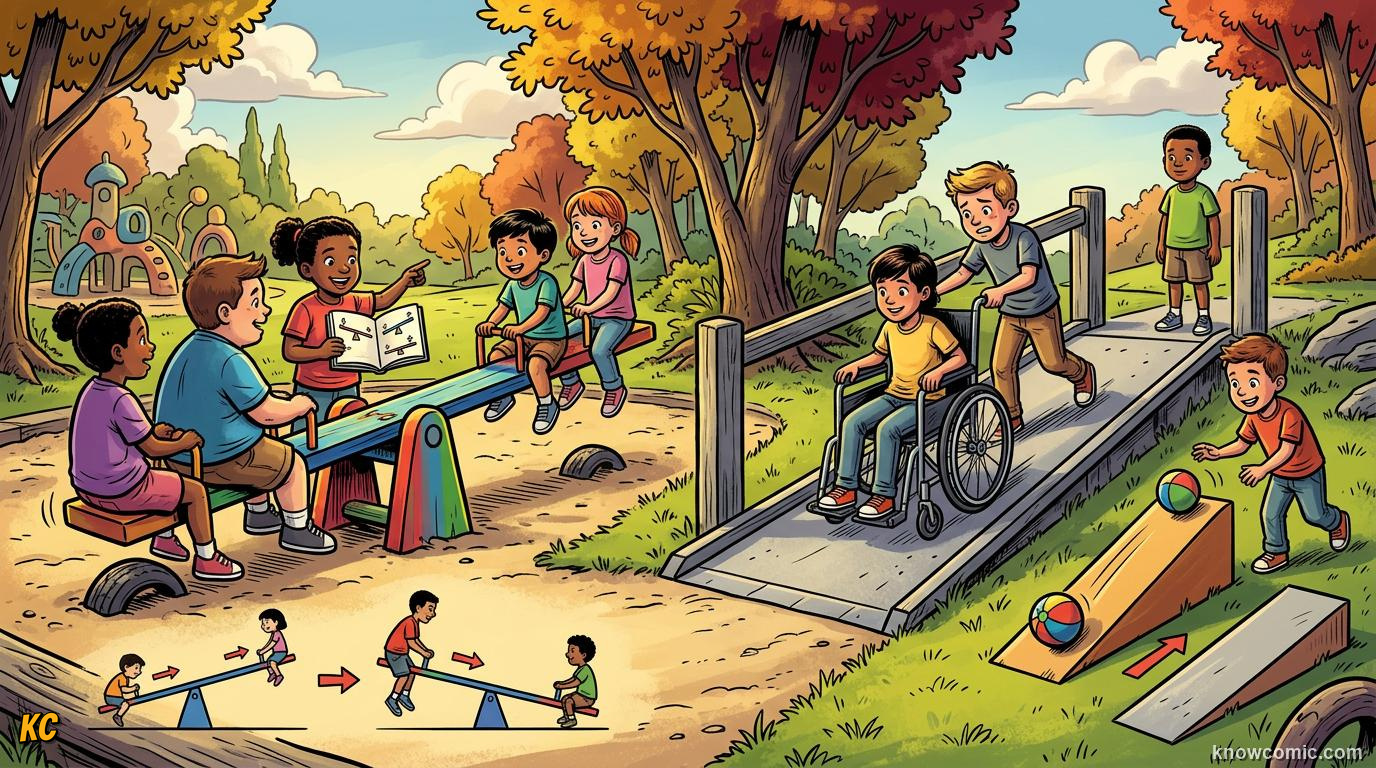 Comic panel about simple machines: levers & ramps: Everyday Heroes, educational kids illustration