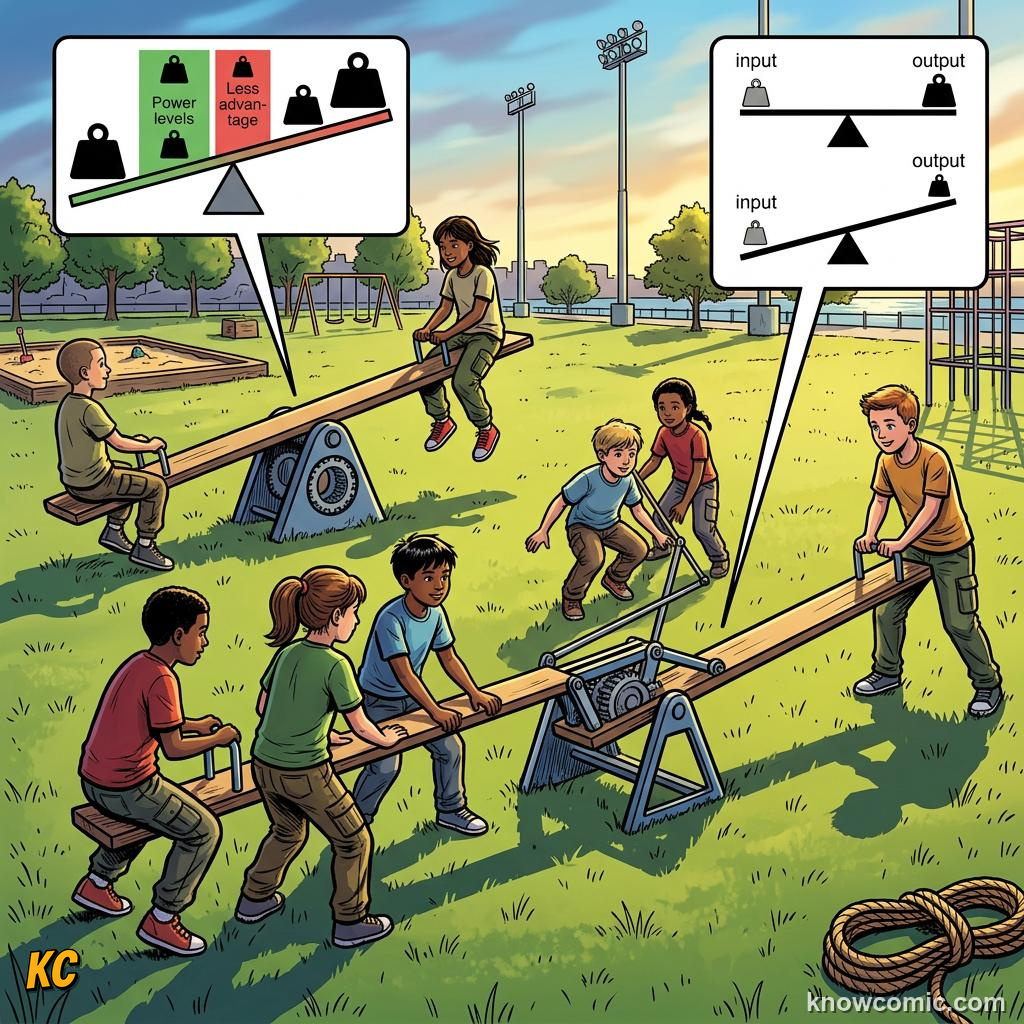 Comic panel about simple machines: levers & ramps: Seesaw, educational kids illustration
