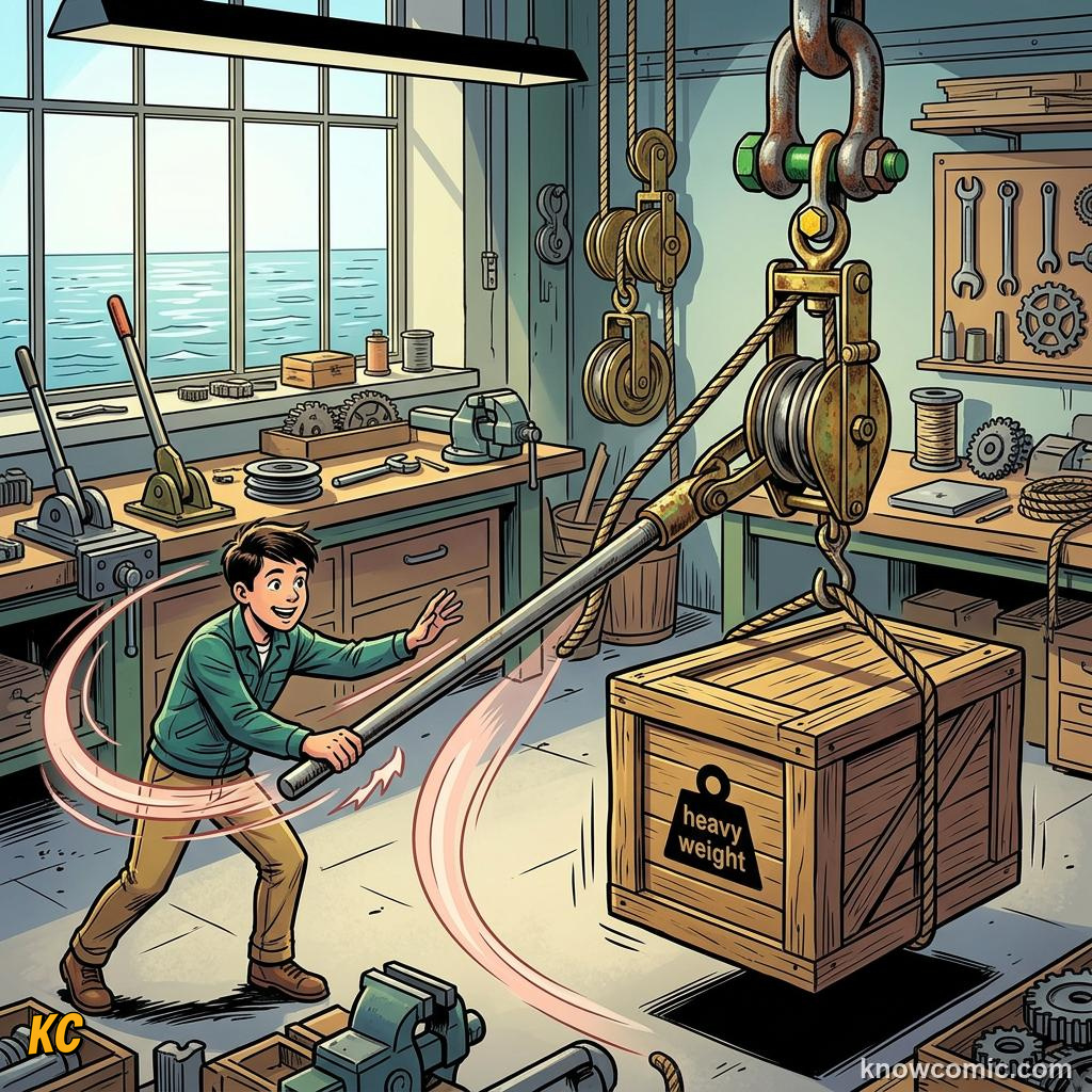 Comic panel about simple machines: levers & ramps: Force Versus Distance, educational kids illustration