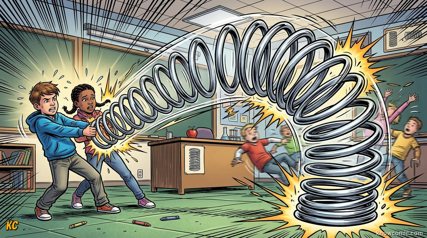 Comic panel about springs & elastic: stored energy: Elastic Energy, educational kids illustration