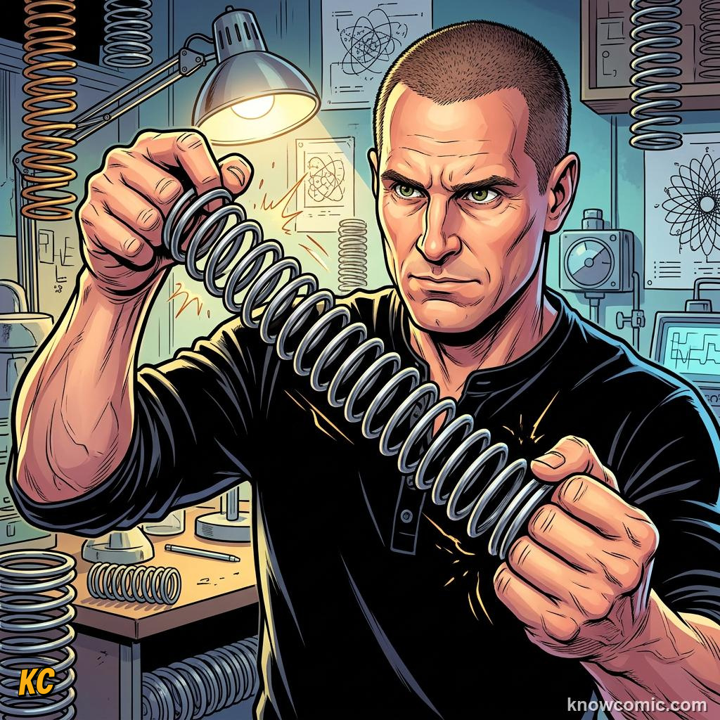 Comic panel about springs & elastic: stored energy: When Things Want To Snap Back, Pull, educational kids illustration