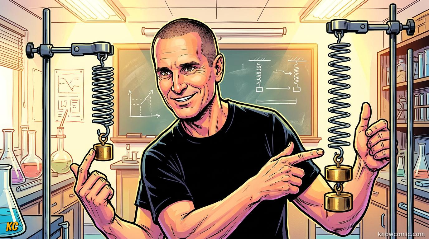 Comic panel about springs & elastic: stored energy: More Stretch, More Pull, educational kids illustration