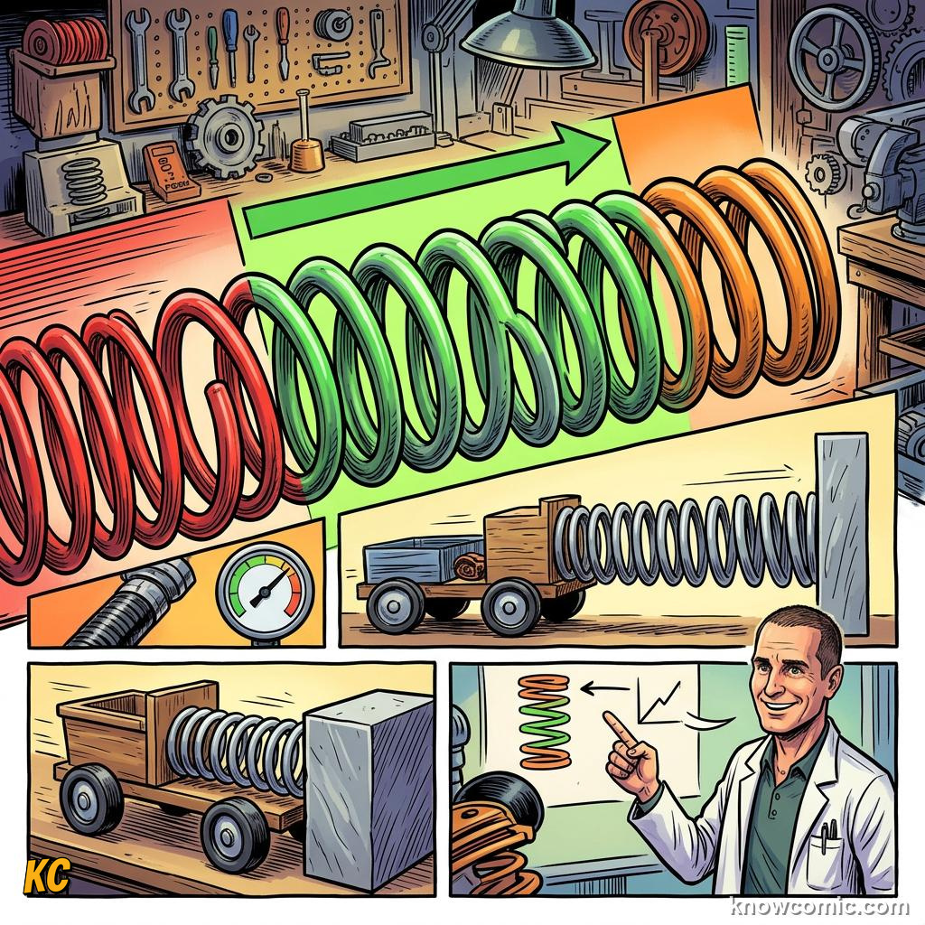 Comic panel about springs & elastic: stored energy: Within Safe Limits, educational kids illustration