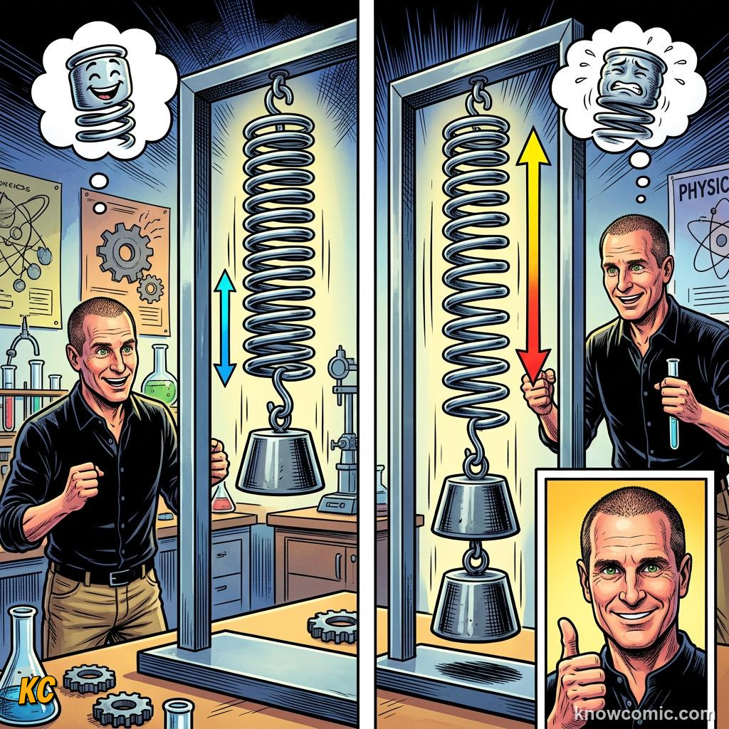 Comic panel about springs & elastic: stored energy: Within Safe Limits, Math, educational kids illustration