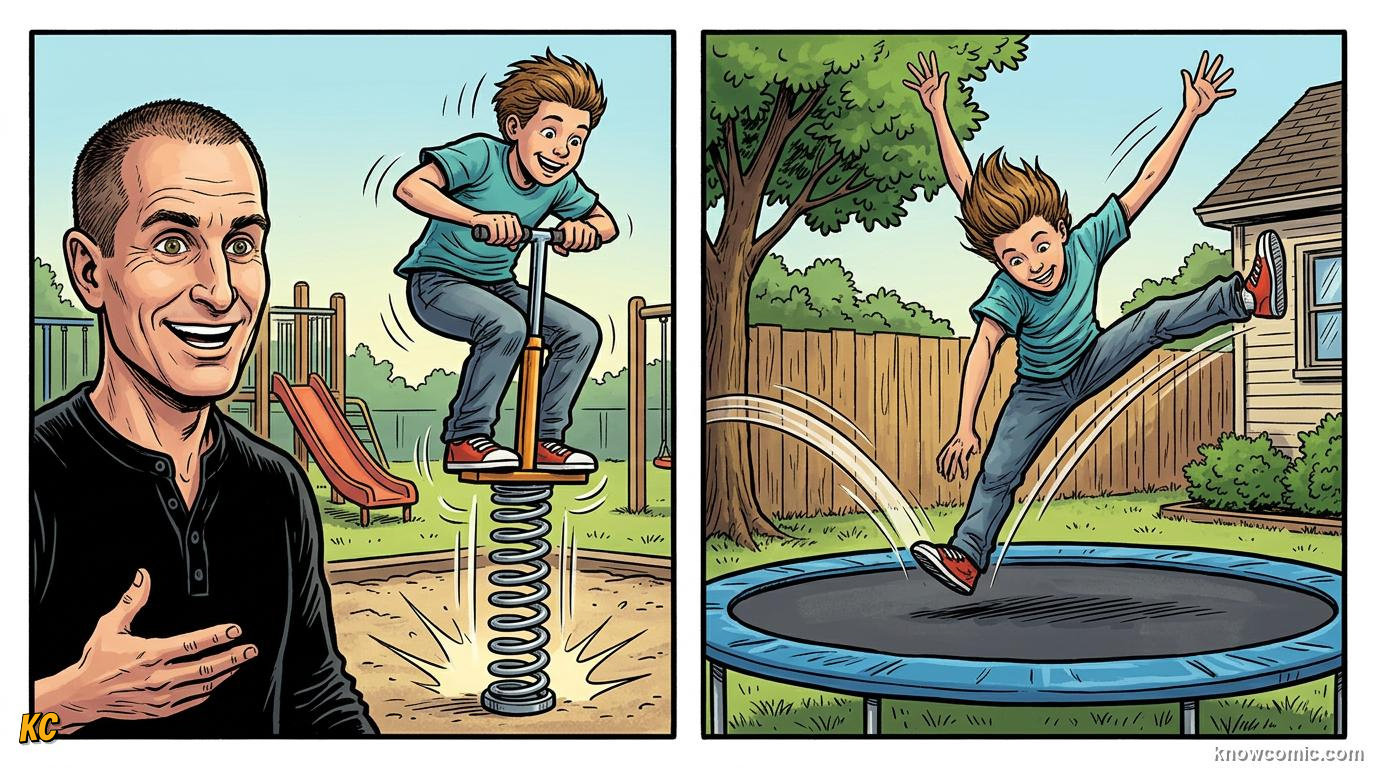 Comic panel about springs & elastic: stored energy: Two Ways To Store, educational kids illustration