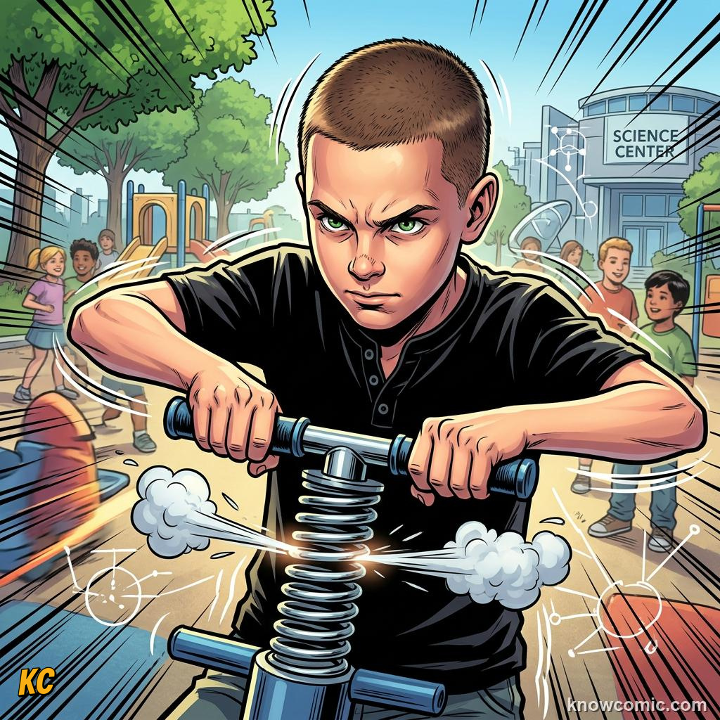 Comic panel about springs & elastic: stored energy: Pogo, educational kids illustration