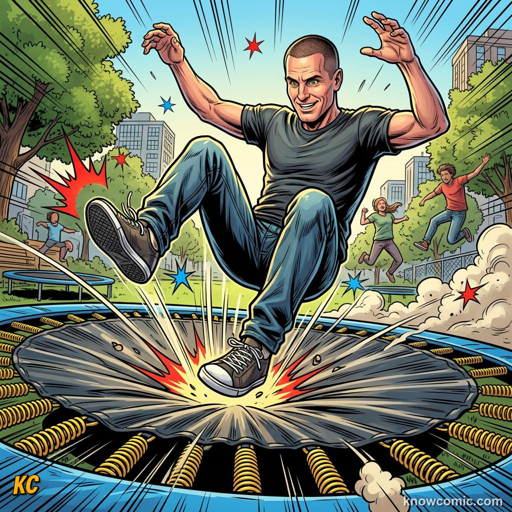 Comic panel about springs & elastic: stored energy: Mat, educational kids illustration