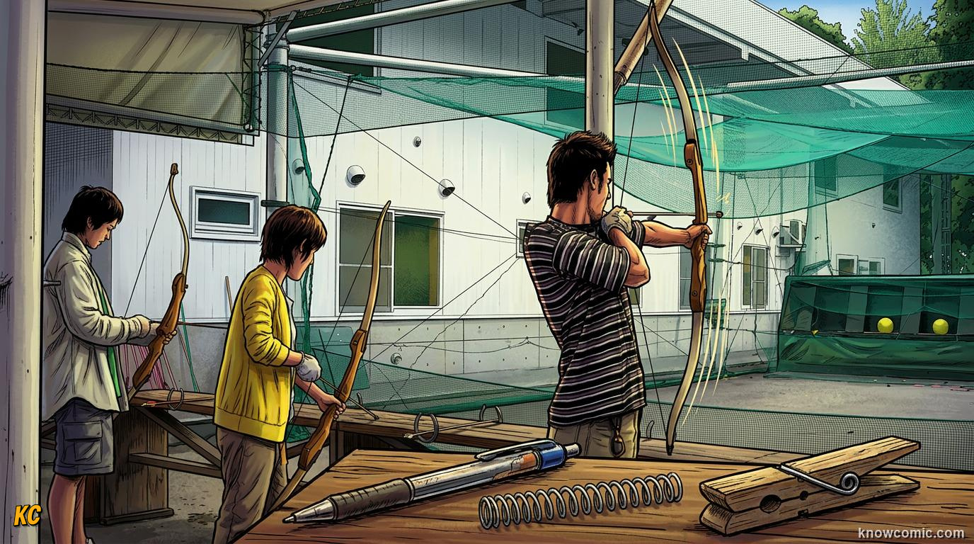 Comic panel about springs & elastic: stored energy: Squash Or Stretch, From Toys To Tools, educational kids illustration