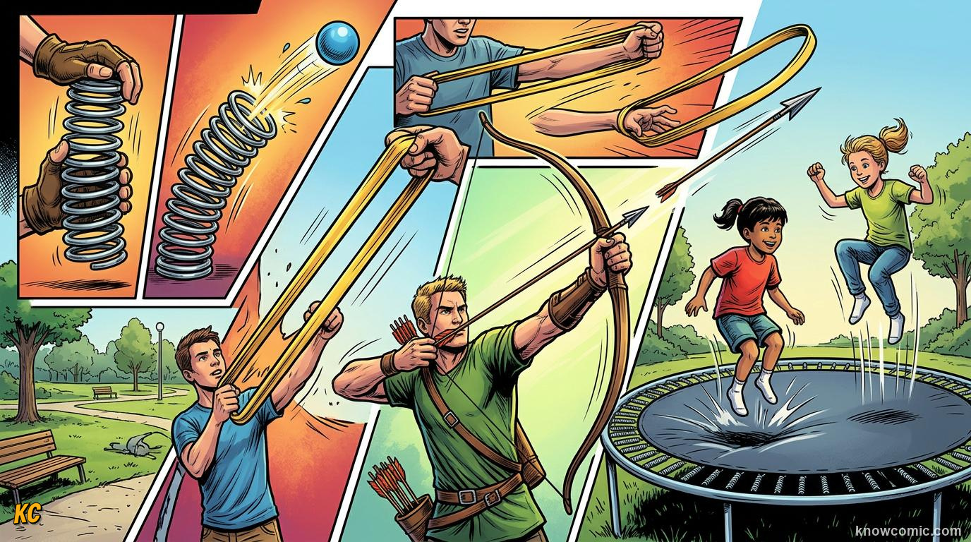 Comic panel about springs & elastic: stored energy: Wrap Up, educational kids illustration