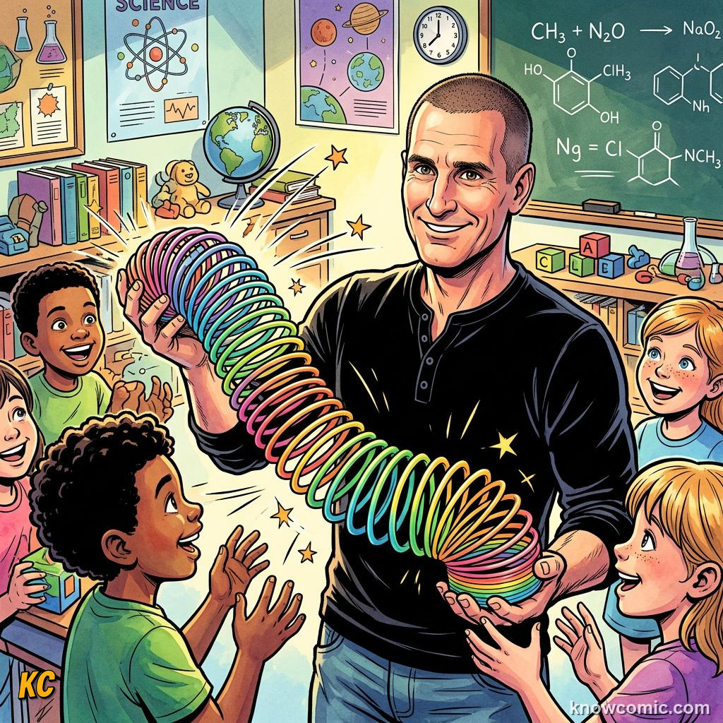 Comic panel about springs & elastic: stored energy: Energy That Bounces Back, Try, educational kids illustration