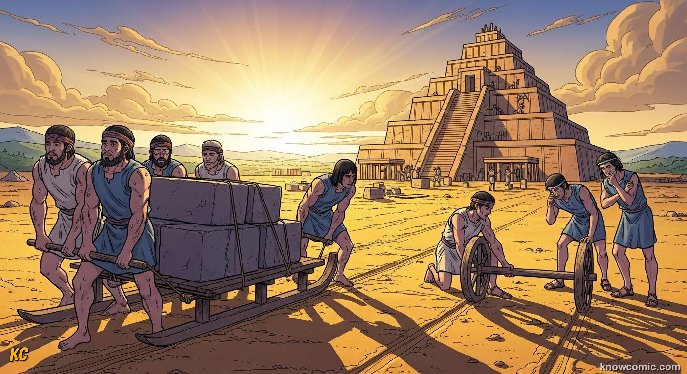 Ancient Mesopotamian workers dragging heavy stone loads on sledges before the wheel